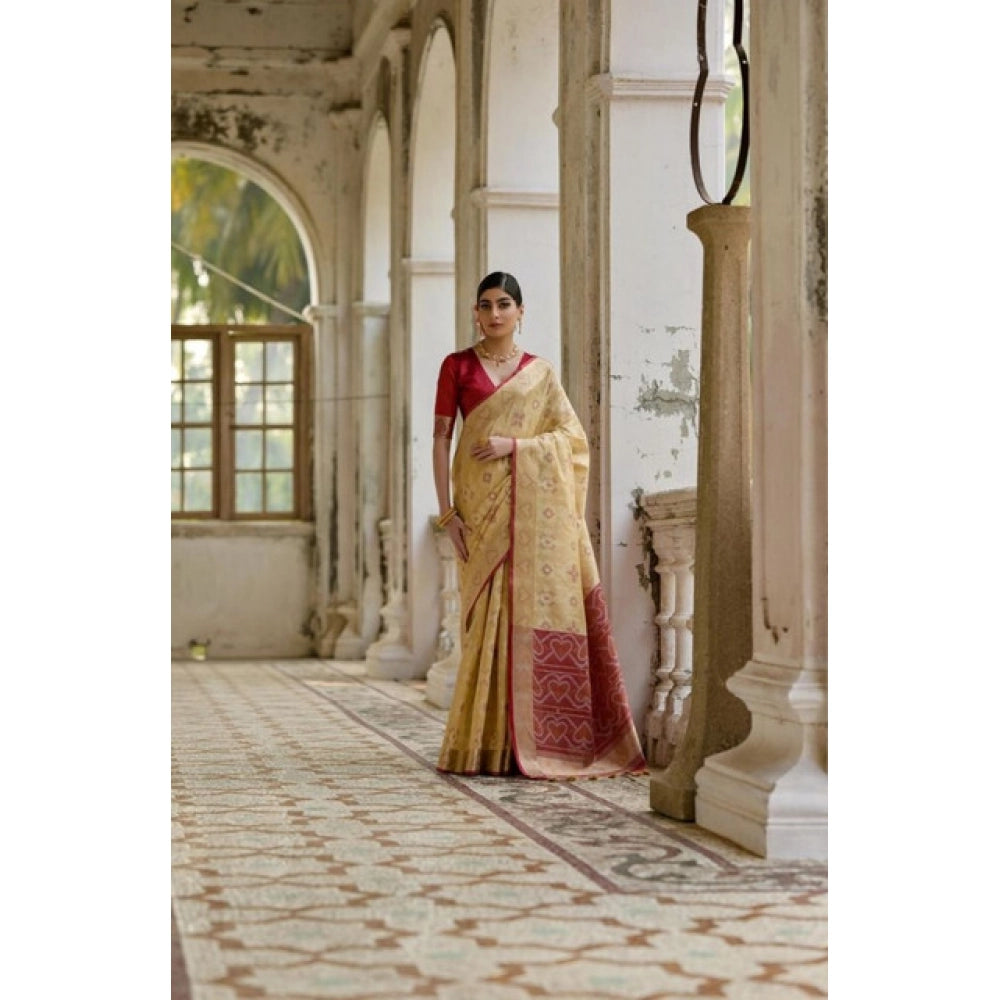 Generic Women's Silk_Blend Ethnic Ikat Pattern Saree With Unstitched Blouse 5.5Mtr (Cream)