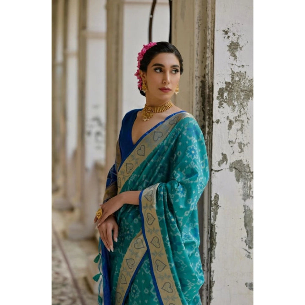 Generic Women's Silk_Blend Ethnic Ikat Pattern Saree With Unstitched Blouse 5.5Mtr (Teal)