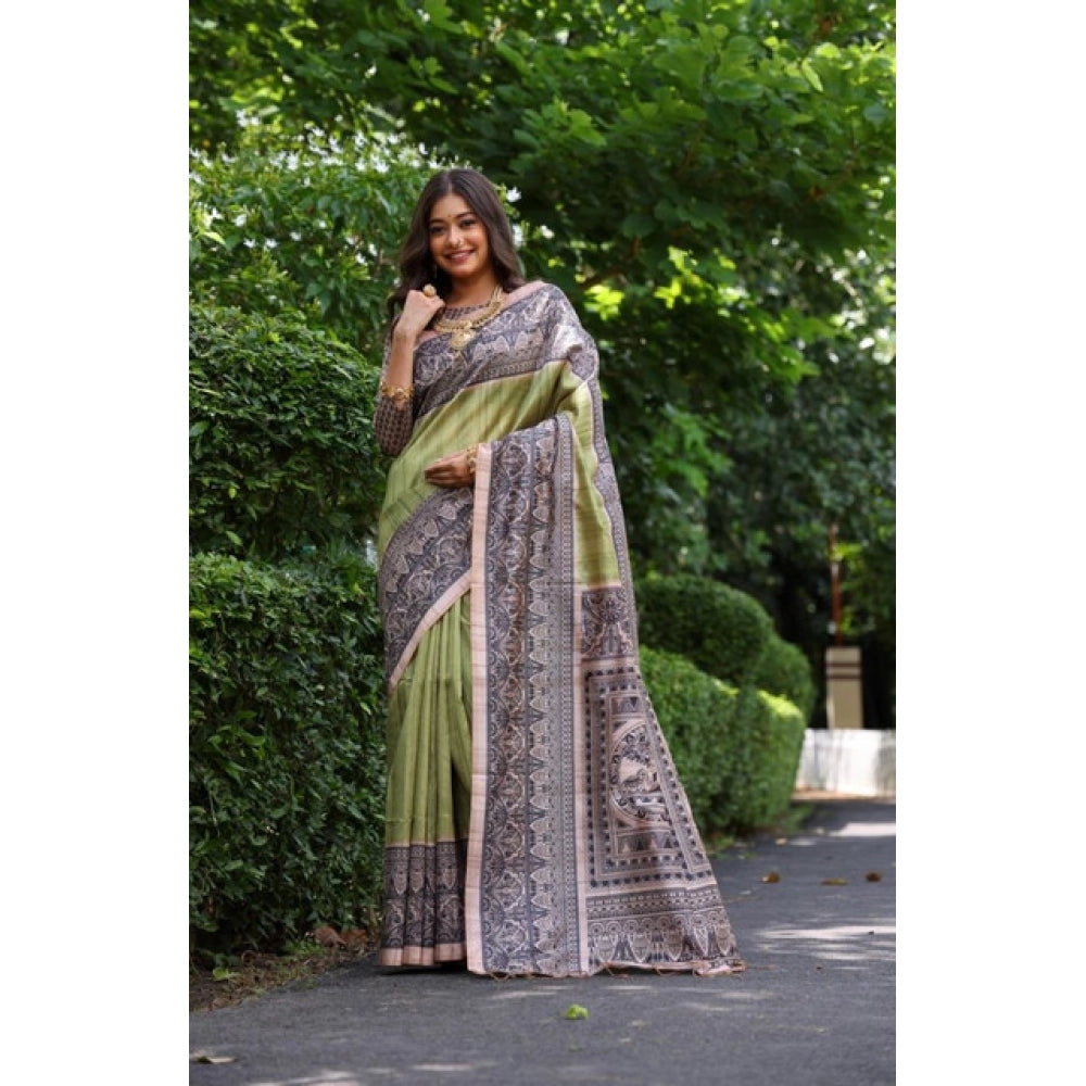 Generic Women's Faux_Tussar Ethnic_Print Saree With Unstitched Blouse 5.5Mtr (Olive)