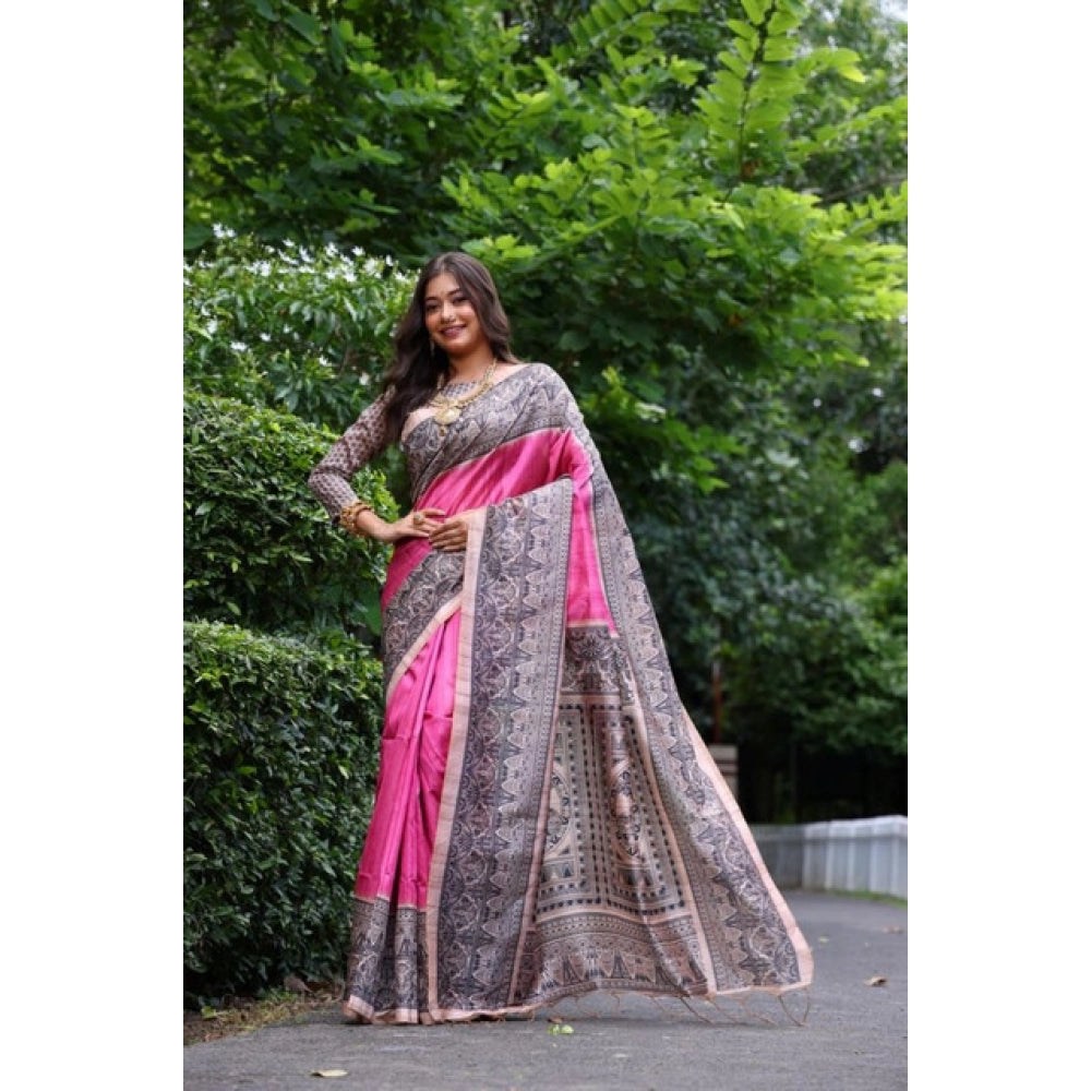 Generic Women's Faux_Tussar Ethnic_Print Saree With Unstitched Blouse 5.5Mtr (Pink)