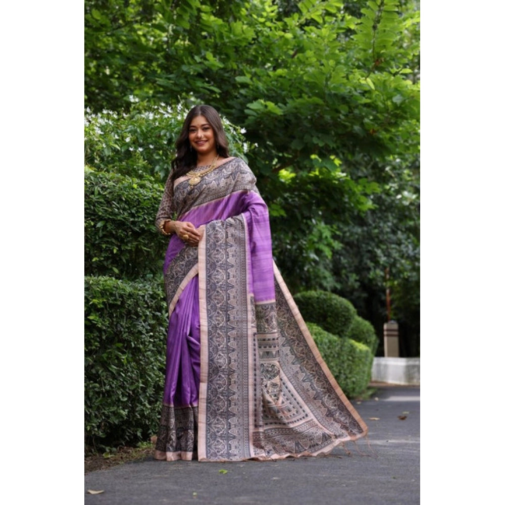 Generic Women's Faux_Tussar Ethnic_Print Saree With Unstitched Blouse 5.5Mtr (Purple)