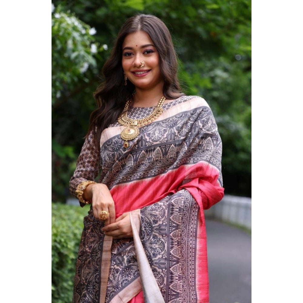Generic Women's Faux_Tussar Ethnic_Print Saree With Unstitched Blouse 5.5Mtr (Red)