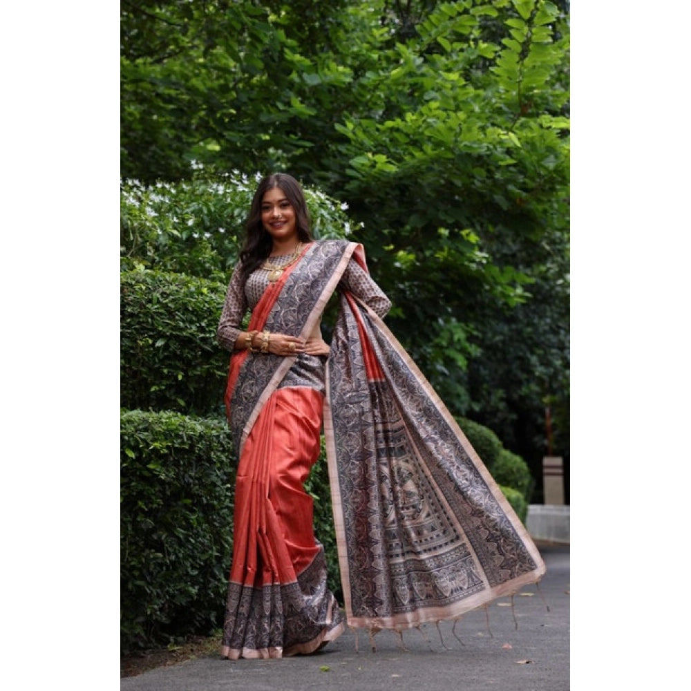 Generic Women's Faux_Tussar Ethnic_Print Saree With Unstitched Blouse 5.5Mtr (Rust)