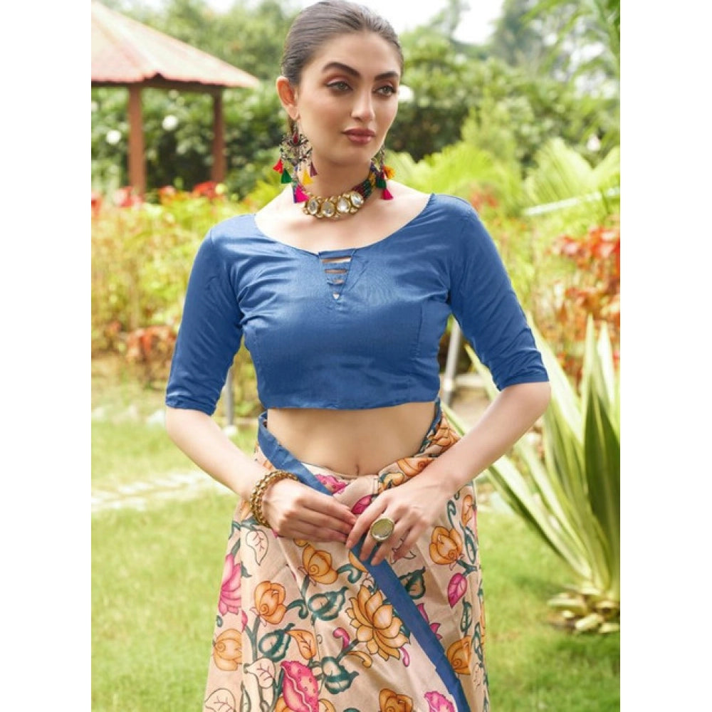 Generic Women's Faux_Tussar Kalamkari_Print Saree With Unstitched Blouse 5.5Mtr (Blue)