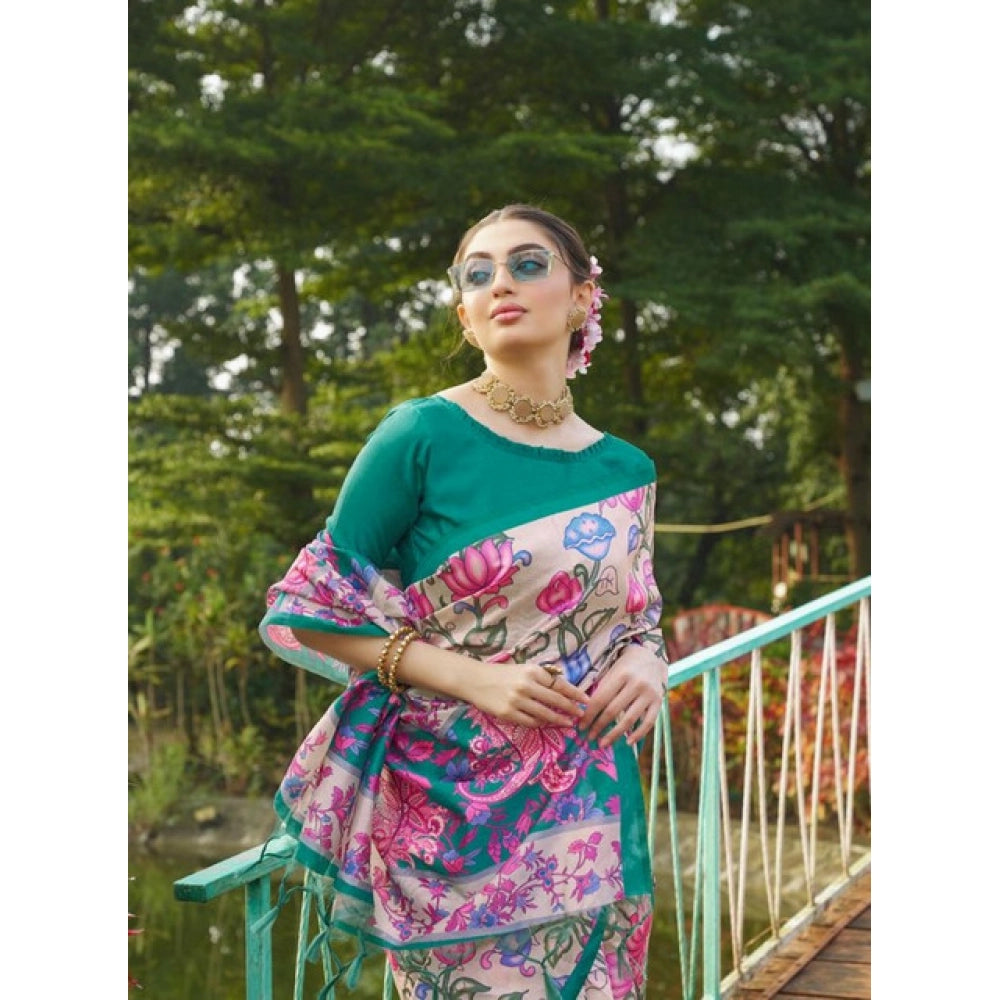 Generic Women's Faux_Tussar Kalamkari_Print Saree With Unstitched Blouse 5.5Mtr (Green)