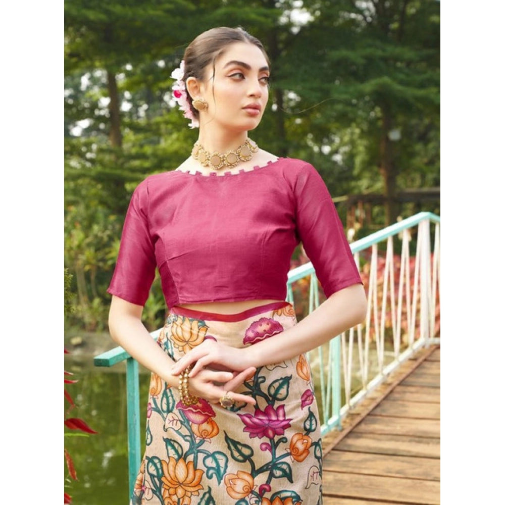 Generic Women's Faux_Tussar Kalamkari_Print Saree With Unstitched Blouse 5.5Mtr (Pink)