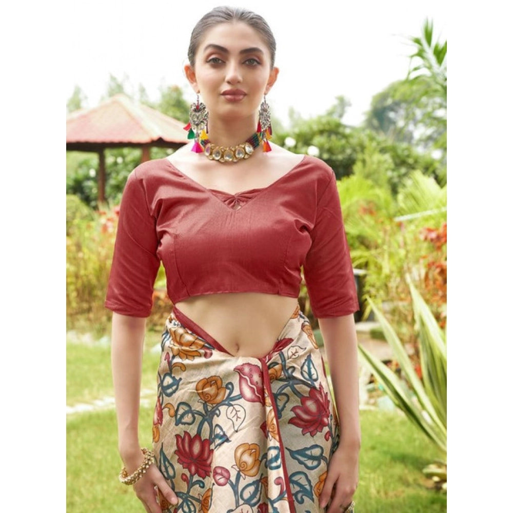 Generic Women's Faux_Tussar Kalamkari_Print Saree With Unstitched Blouse 5.5Mtr (Red)