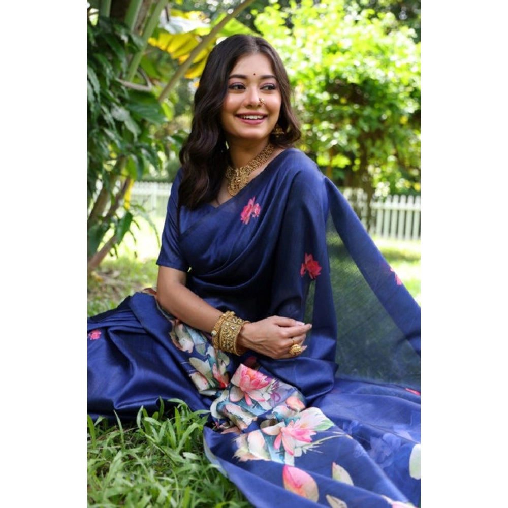 Generic Women's Faux_Tussar Floral Saree With Unstitched Blouse 5.5Mtr (Navy_Blue)