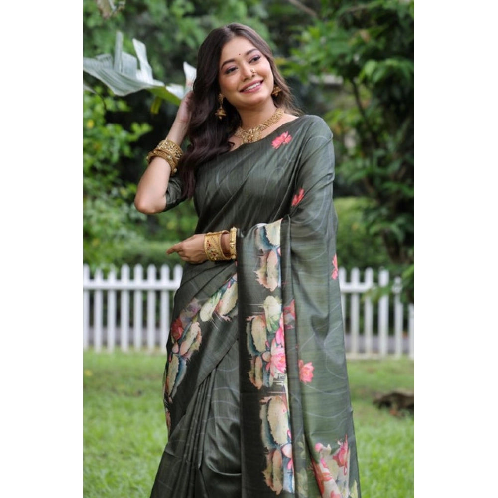 Generic Women's Faux_Tussar Floral Saree With Unstitched Blouse 5.5Mtr (Olive)