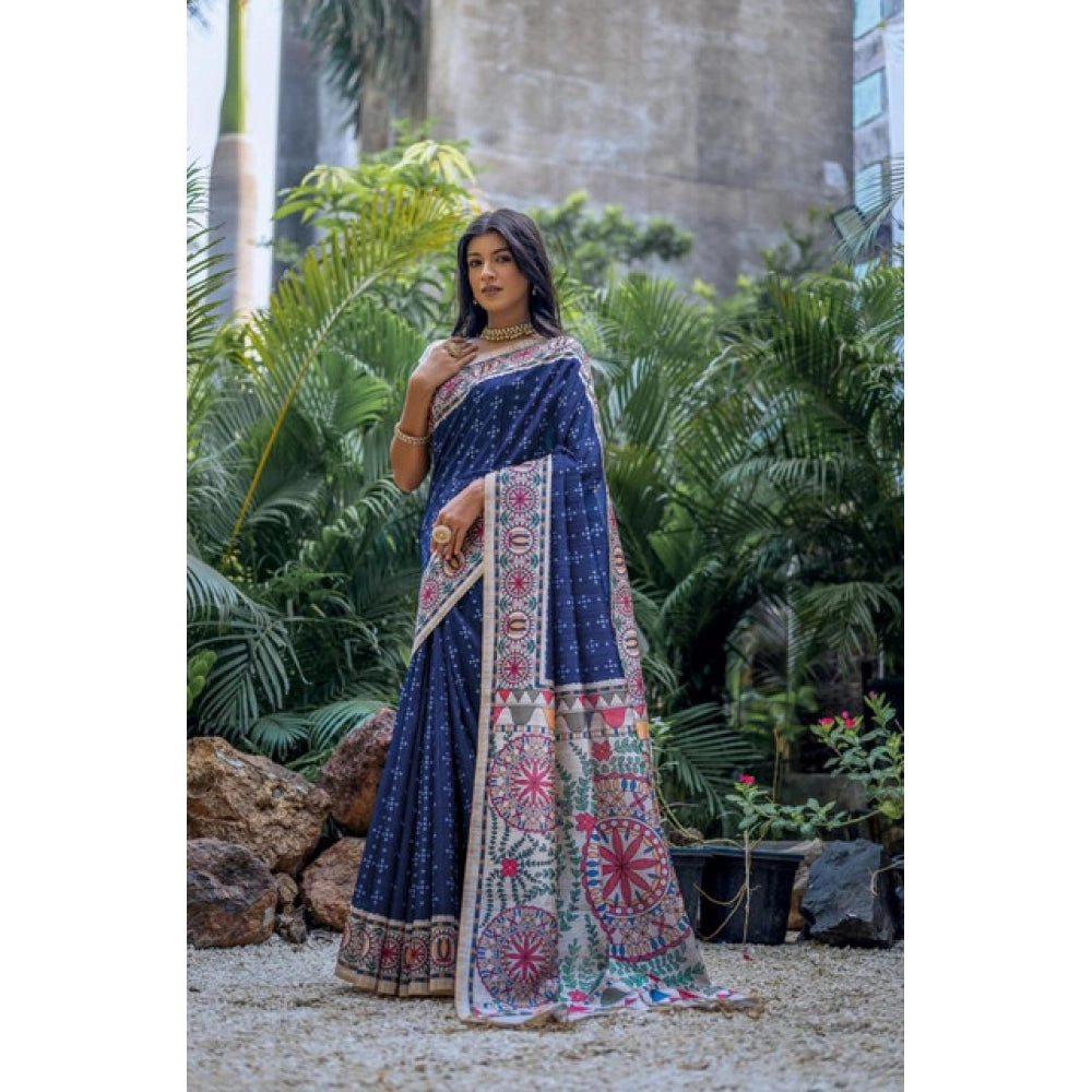 Generic Women's Faux_Tussar Geometric_Print Saree With Unstitched Blouse 5.5Mtr (Blue)