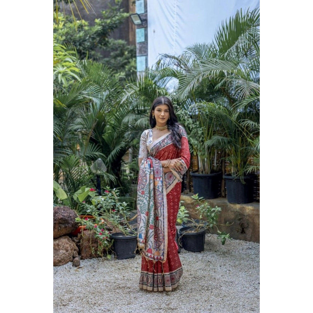 Generic Women's Faux_Tussar Geometric_Print Saree With Unstitched Blouse 5.5Mtr (Red)