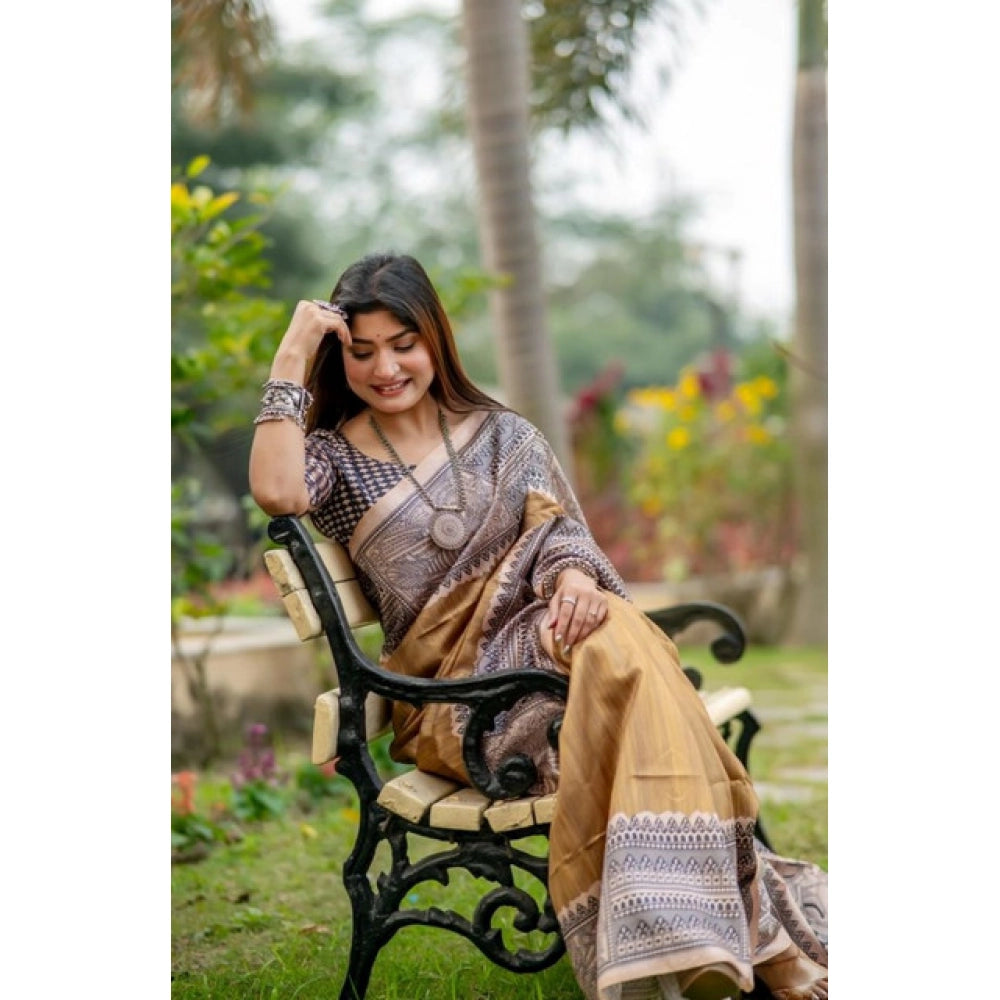 Generic Women's Faux_Tussar Geometric_Print Saree With Unstitched Blouse 5.5Mtr (Mustard)