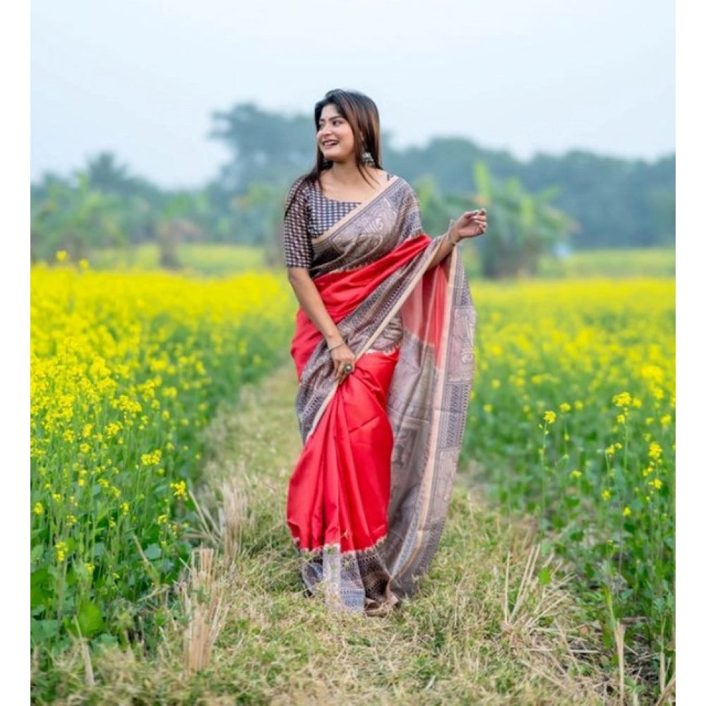 Generic Women's Faux_Tussar Geometric_Print Saree With Unstitched Blouse 5.5Mtr (Pink)