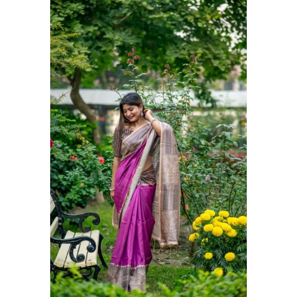 Generic Women's Faux_Tussar Geometric_Print Saree With Unstitched Blouse 5.5Mtr (Purple)