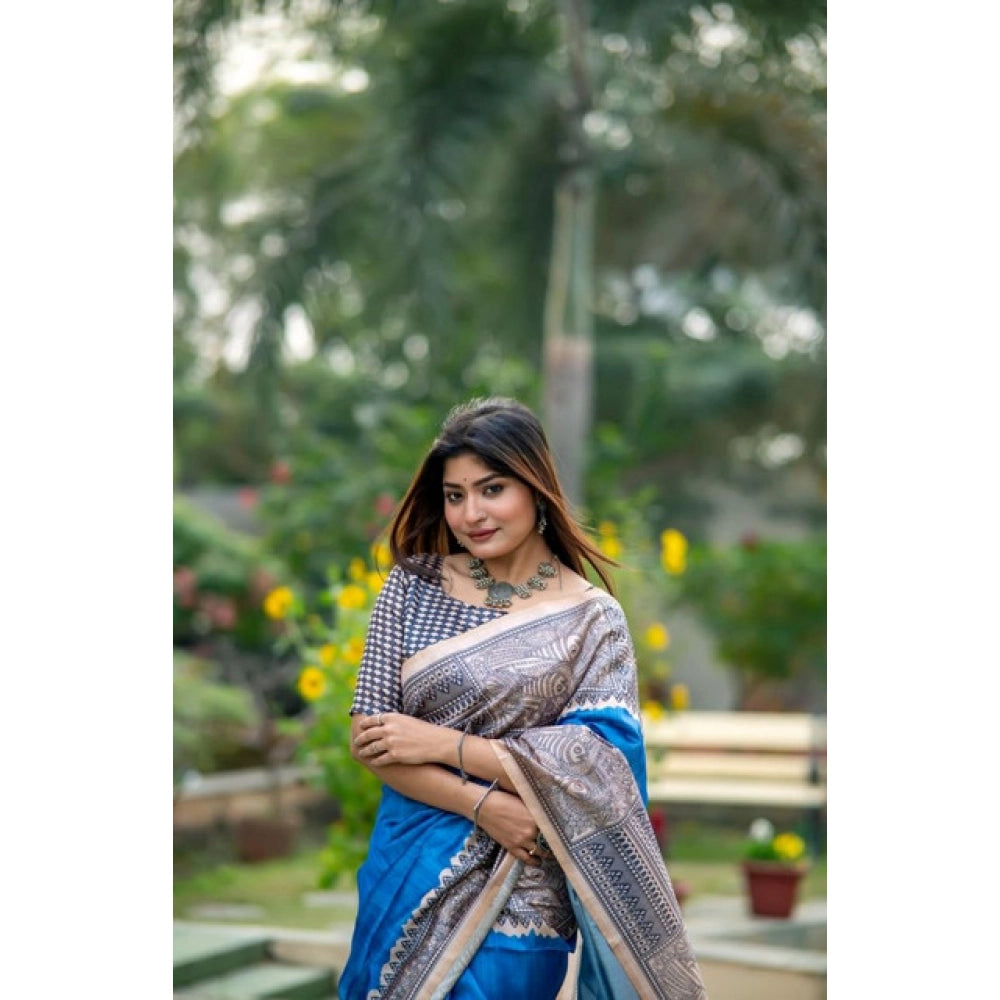 Generic Women's Faux_Tussar Geometric_Print Saree With Unstitched Blouse 5.5Mtr (Royal_Blue)