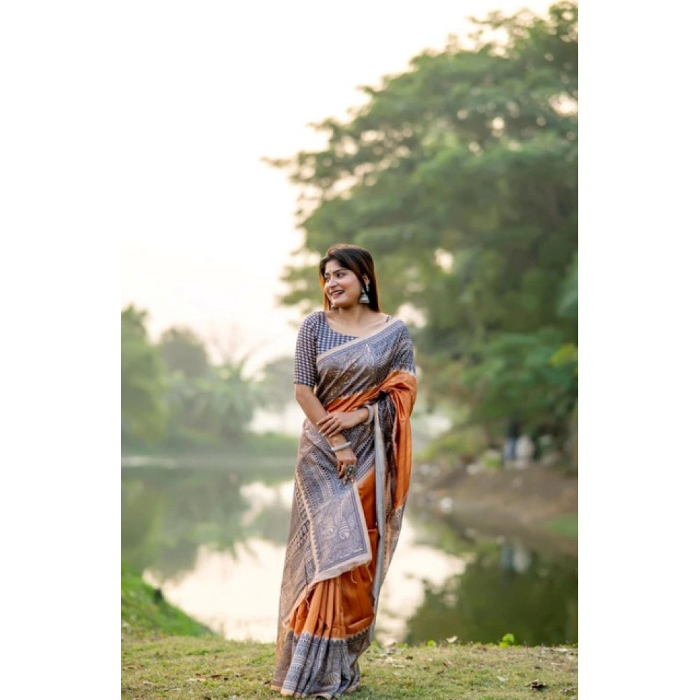 Generic Women's Faux_Tussar Geometric_Print Saree With Unstitched Blouse 5.5Mtr (Rust)