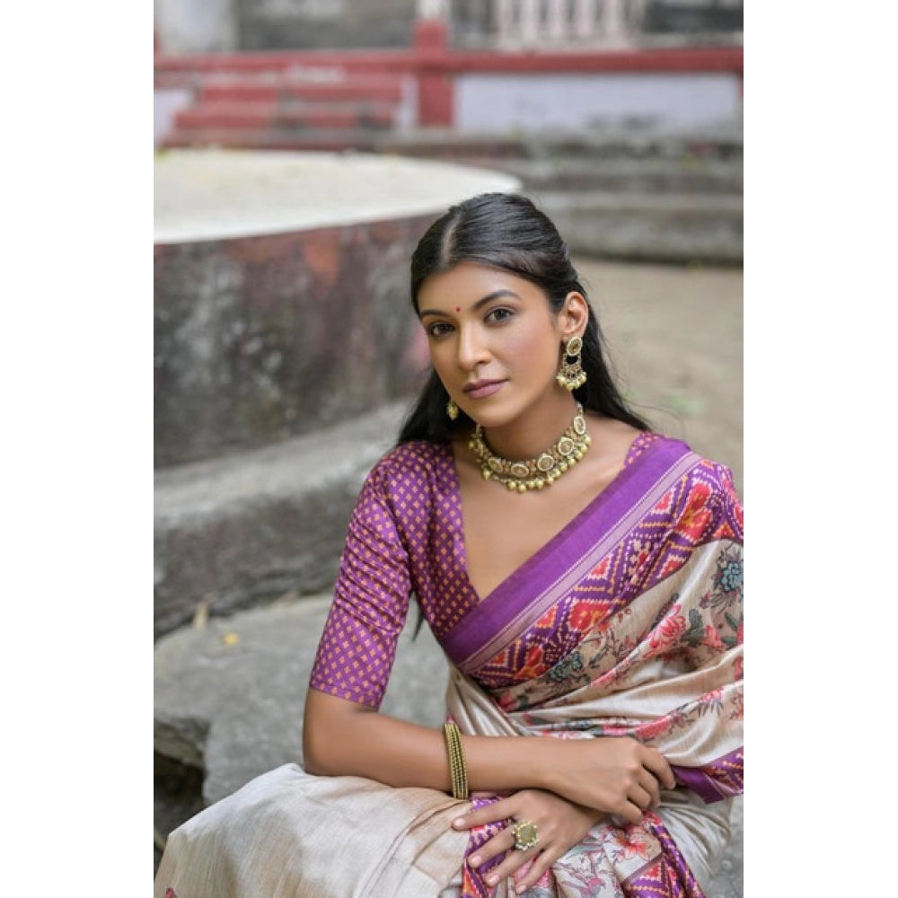 Generic Women's Faux_Tussar Floral Jal With Patola Print Saree With Unstitched Blouse 5.5Mtr (Lavender)