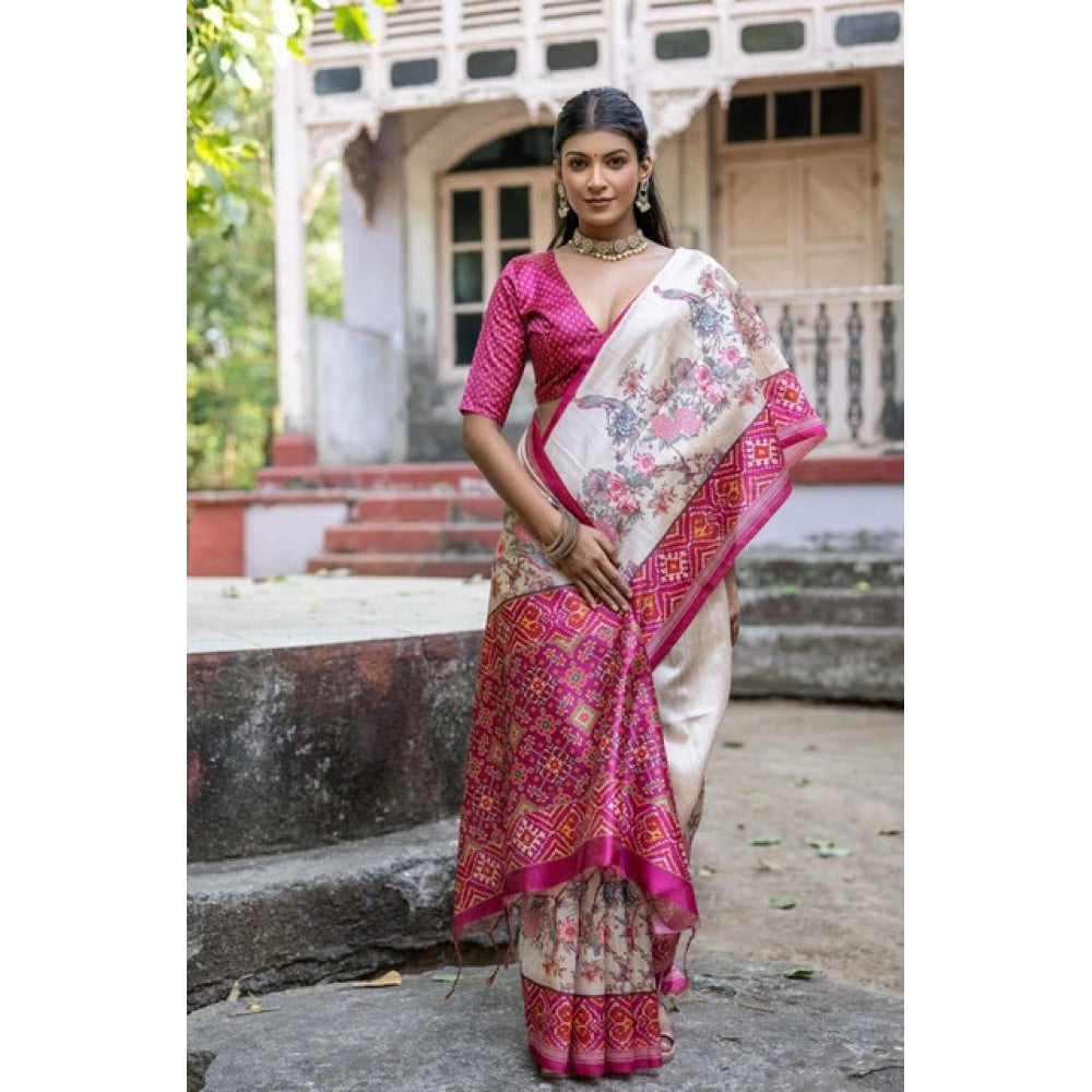 Generic Women's Faux_Tussar Floral Jal With Patola Print Saree With Unstitched Blouse 5.5Mtr (Pink)