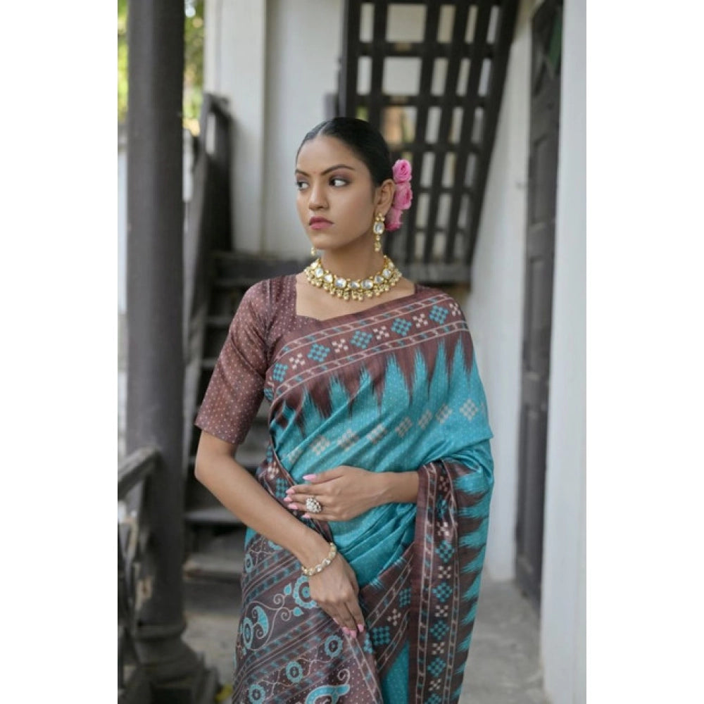Generic Women's Faux_Tussar Ikat Saree With Unstitched Blouse 5.5Mtr (Aqua_Blue)