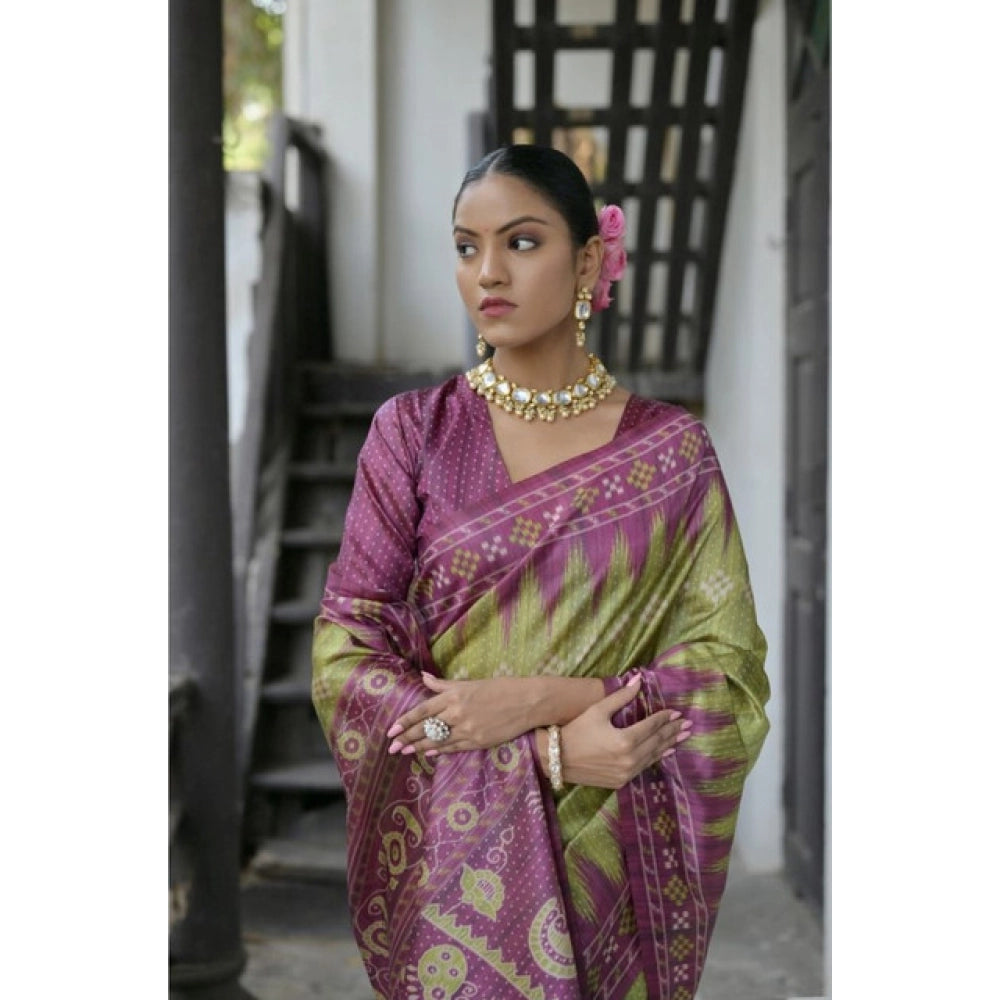 Generic Women's Faux_Tussar Ikat Saree With Unstitched Blouse 5.5Mtr (Green)