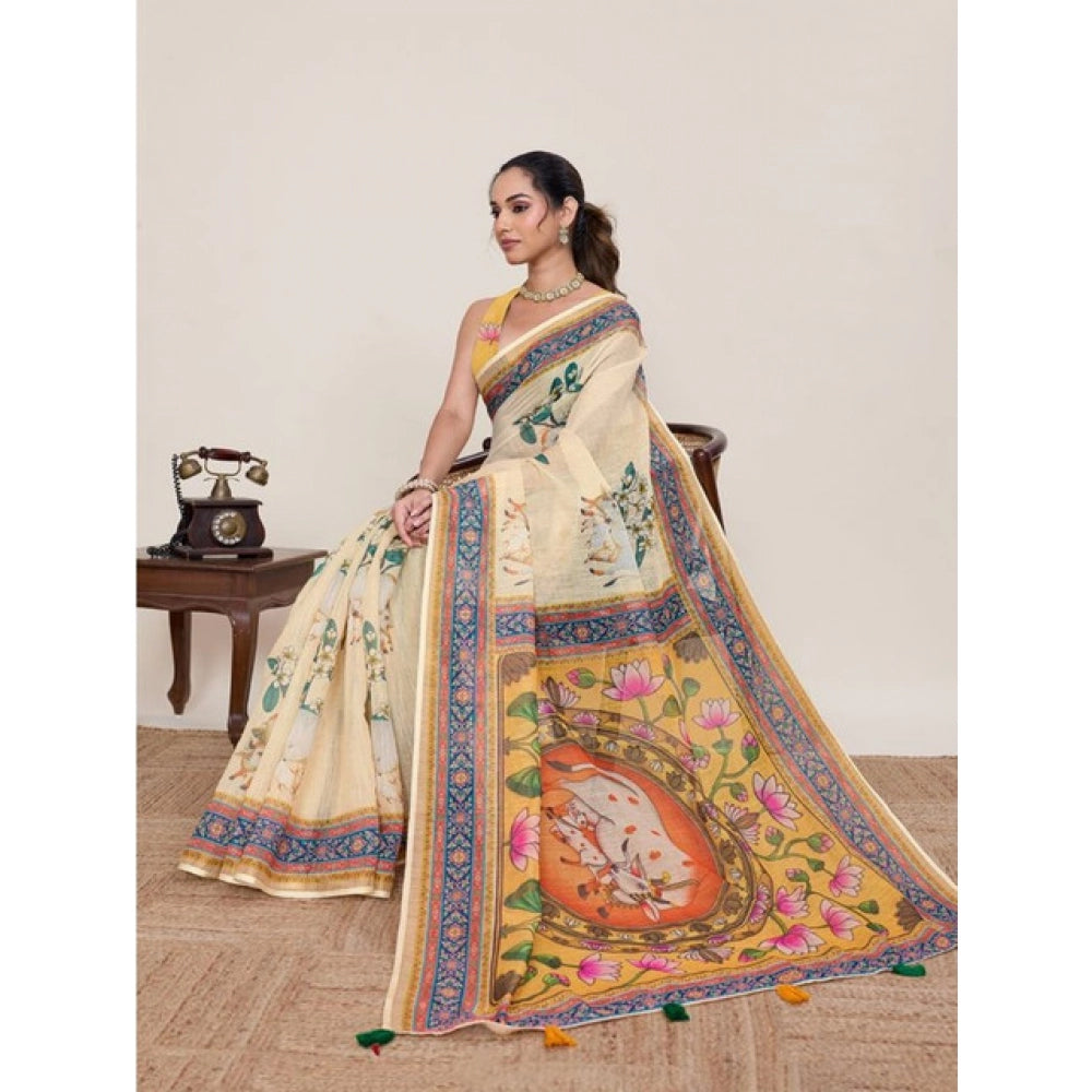 Generic Women's Linen Floral Printed Saree With Unstitched Blouse 5.5Mtr (Beige)
