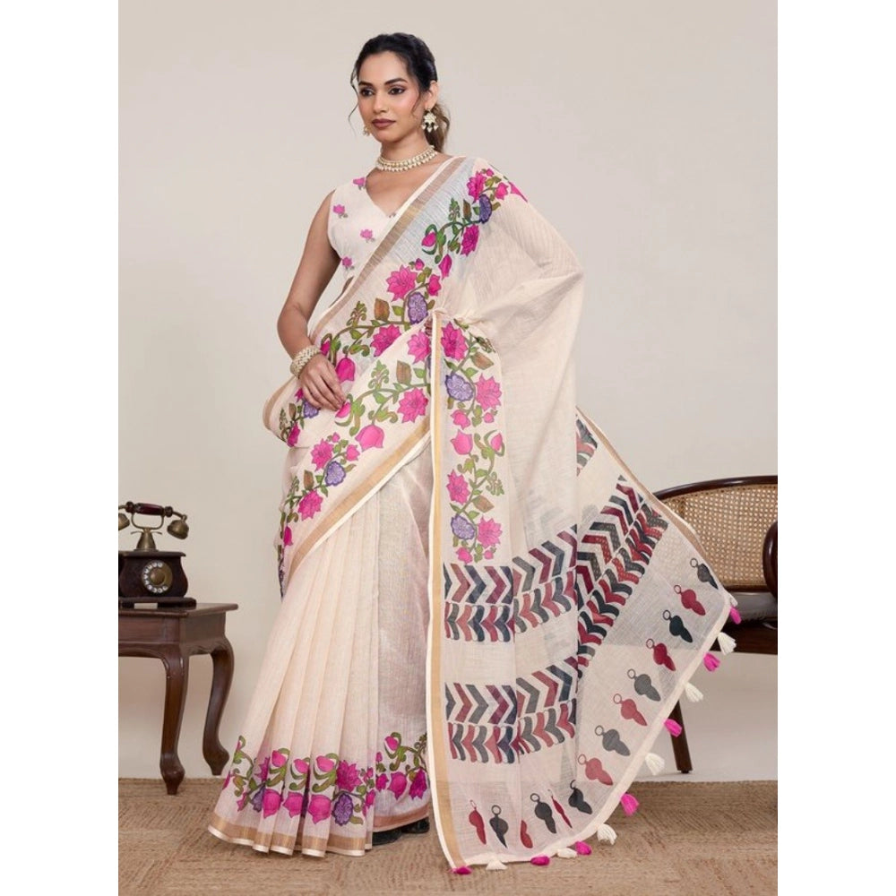 Generic Women's Linen Floral Printed Saree With Unstitched Blouse 5.5Mtr (Cream)