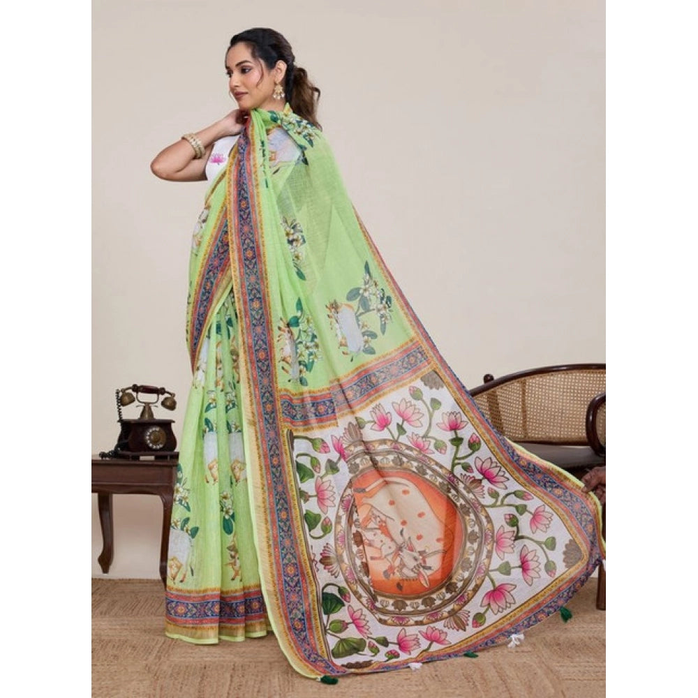 Generic Women's Linen Floral Printed Saree With Unstitched Blouse 5.5Mtr (Light Green)