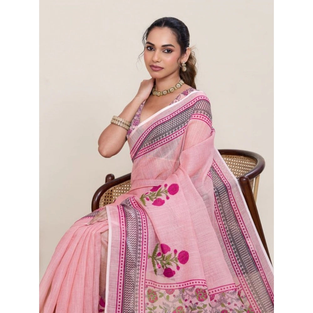 Generic Women's Linen Floral Printed Saree With Unstitched Blouse 5.5Mtr (Pink)
