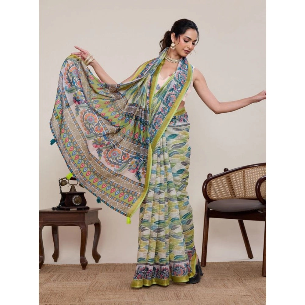 Generic Women's Linen Floral Printed Saree With Unstitched Blouse 5.5Mtr (Pista Green)