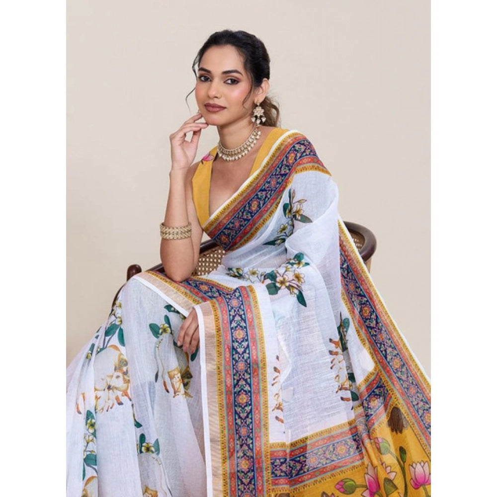 Generic Women's Linen Floral Printed Saree With Unstitched Blouse 5.5Mtr (White)