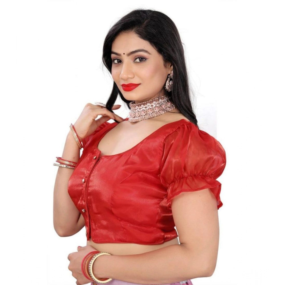Generic Women's Jimmy Solid Designer Neck Elastic Sleeve Readymade Blouse (Red 38 , Alterable up to 42)-PID65834