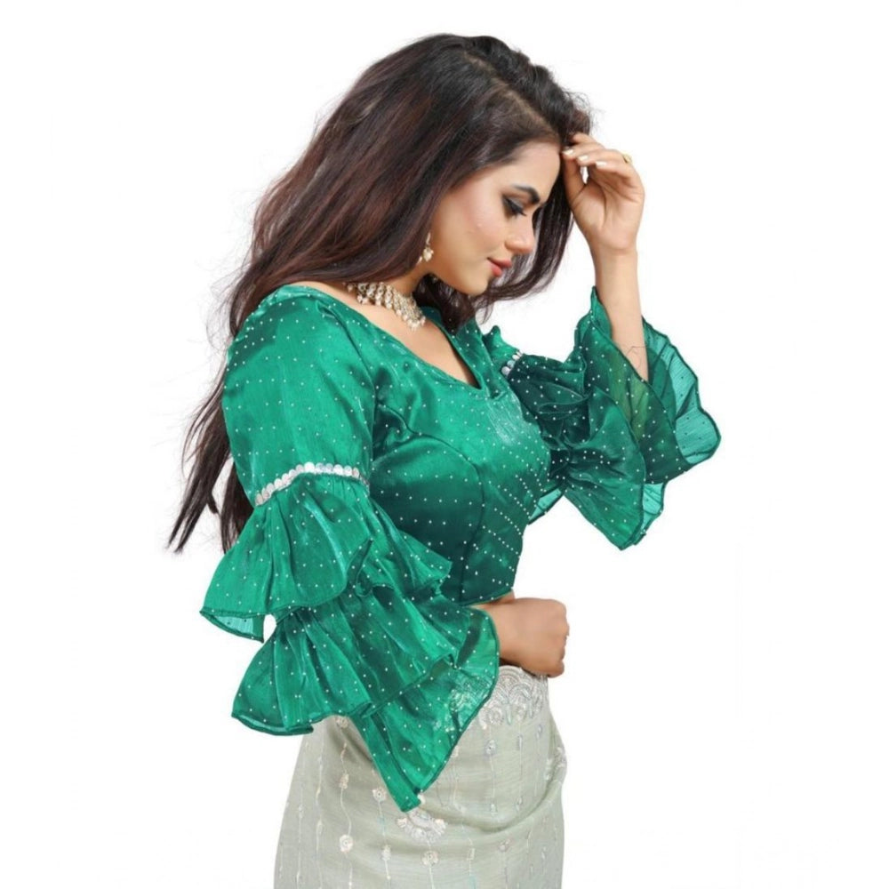 Generic Women's Organza Solid V Neck Layered Ruffle Sleeve Readymade Blouse (Rama Free Size , up to 38–40 Bust)-PID65857