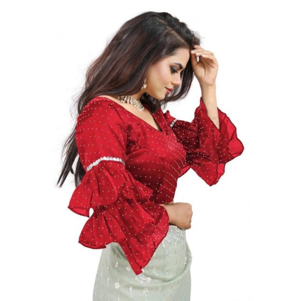 Generic Women's Organza Solid V Neck Layered Ruffle Sleeve Readymade Blouse (Red Free Size , up to 38–40 Bust)-PID65858