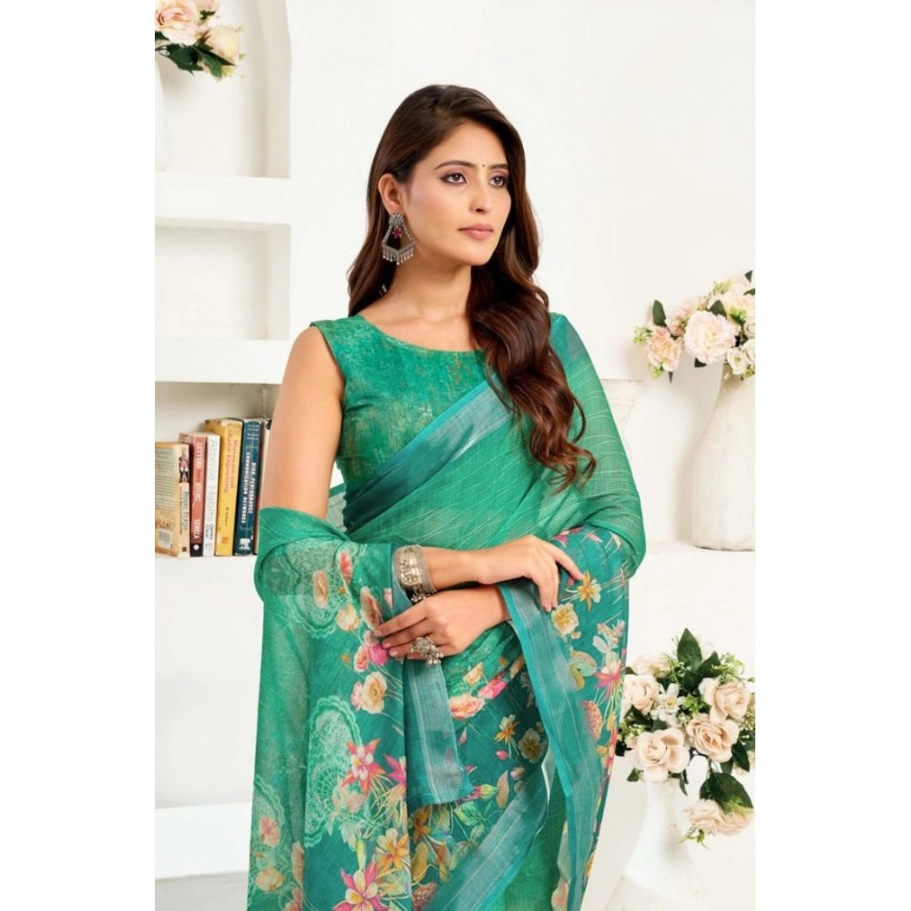 Generic Women's Faux Linen Floral Ready to wear Saree With Unstitched Blouse 5.5Mtr (Green)