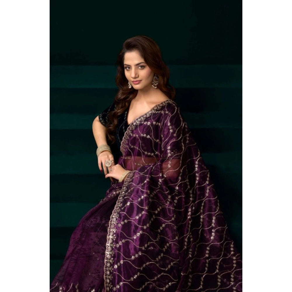 Generic Women's Net Sequence Saree With Unstitched Blouse 5.5Mtr (Purple)