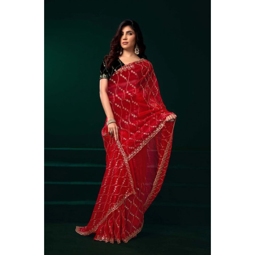 Generic Women's Net Sequence Saree With Unstitched Blouse 5.5Mtr (Red)