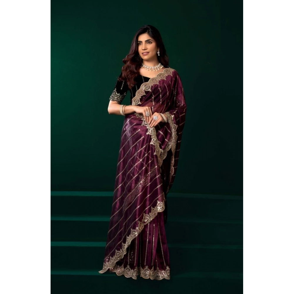 Generic Women's Net Sequence Saree With Unstitched Blouse 5.5Mtr (Maroon)