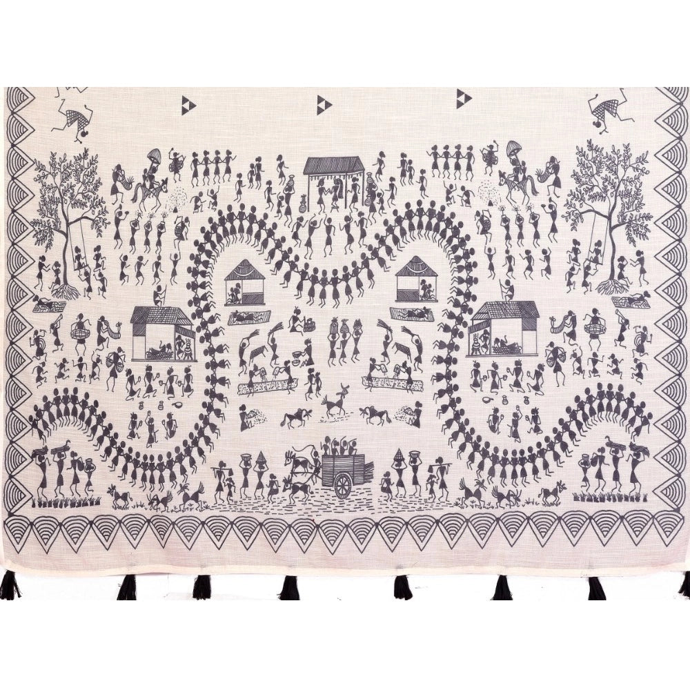Generic Women's Linen Cotton Printed Saree With Unstitched Blouse 5.5Mtr (Off White)