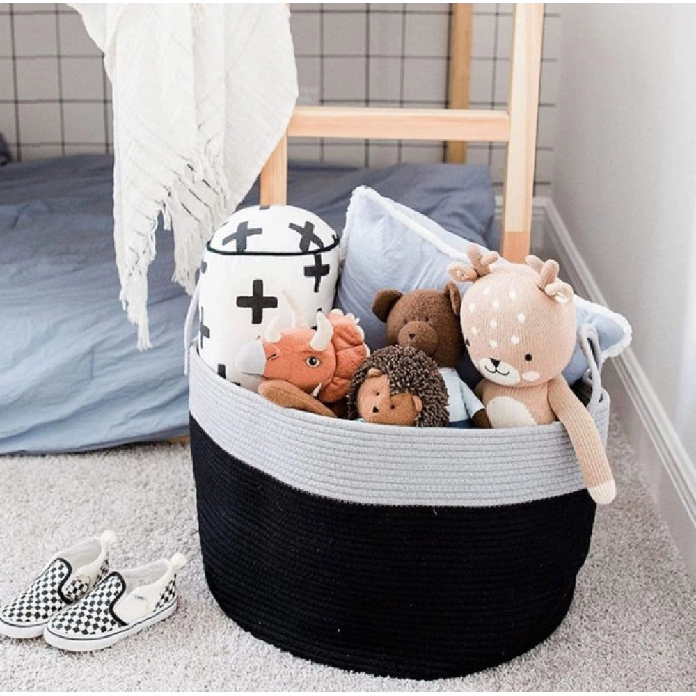 Generic Cotton Pack Of_1 14x12 Inch Laundry Storage Basket For Clothes (Grey-Black)