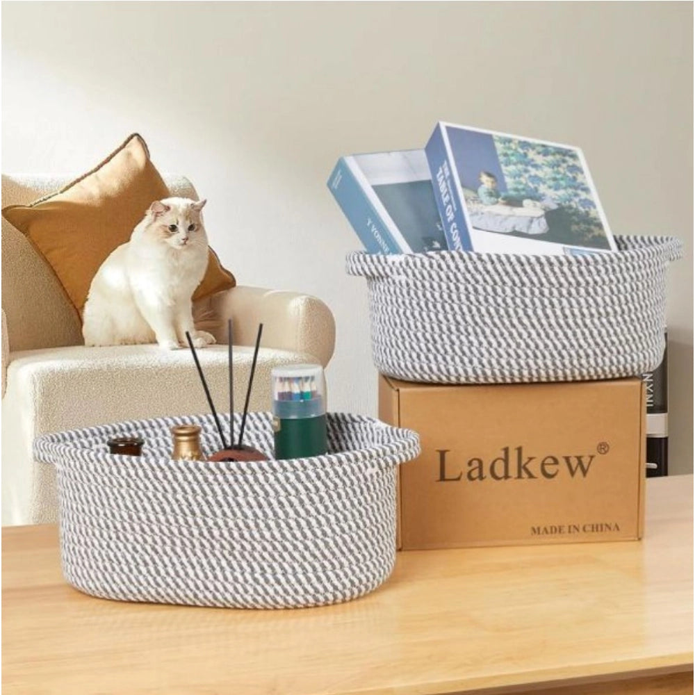 Generic Cotton 10x7x4 Inch 2 Pcs Oval Storage Basket For Clothes (Grey)