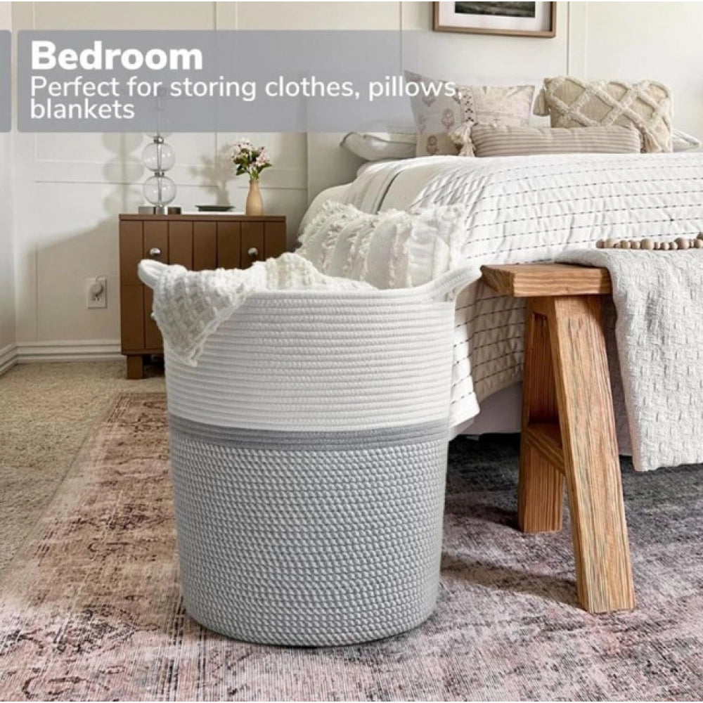 Generic Cotton Pack Of_1 12x14 Inch Storage Basket For Clothes (Grey-White)