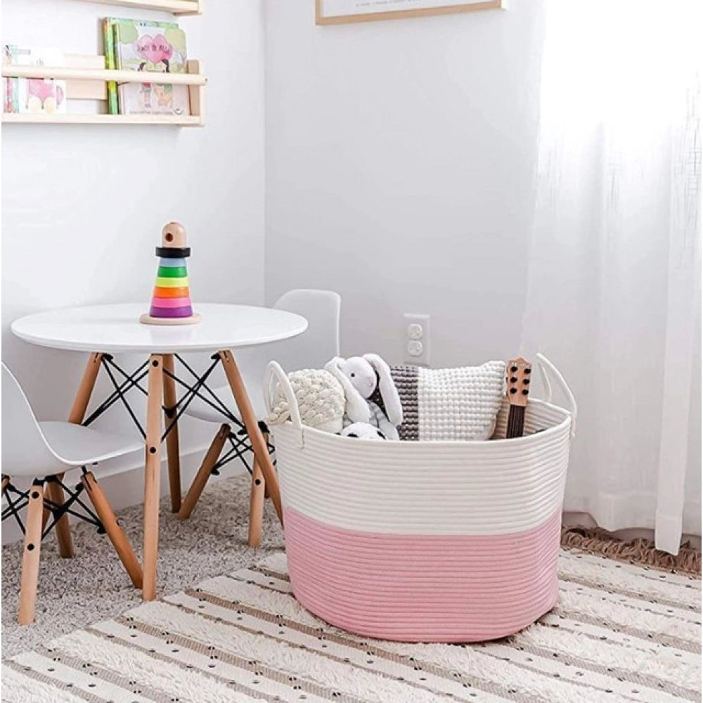 Generic Cotton Pack Of_1 14x12 Inch Laundry Storage Basket For Clothes (Pink-White)