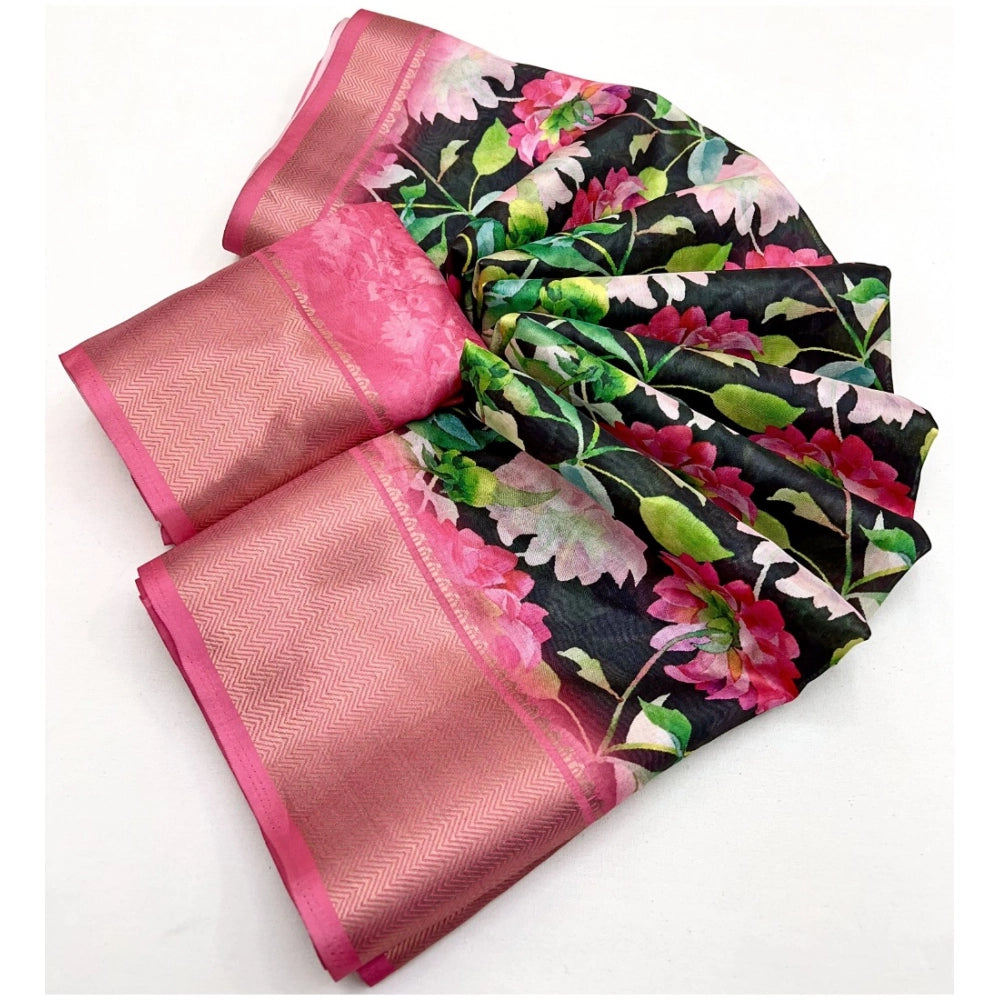 Generic Women's Cotton Silk Floral Printed Saree With Unstitched Blouse 5.5Mtr (Black)