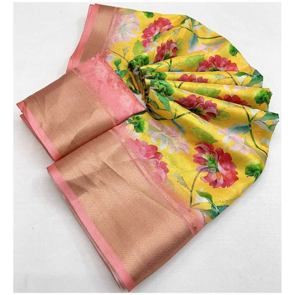Generic Women's Cotton Silk Floral Printed Saree With Unstitched Blouse 5.5Mtr (Yellow)
