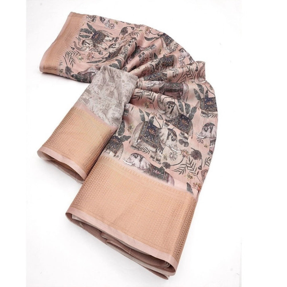 Generic Women's Cotton Silk Printed Saree With Unstitched Blouse 5.5Mtr (Cream-Black)