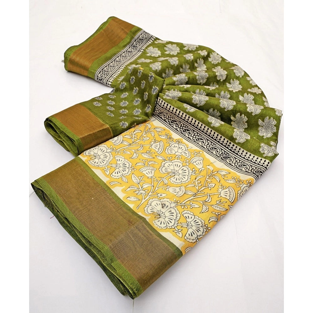 Generic Women's Cotton Blend Printed Saree With Unstitched Blouse 5.5Mtr (Mehandi)