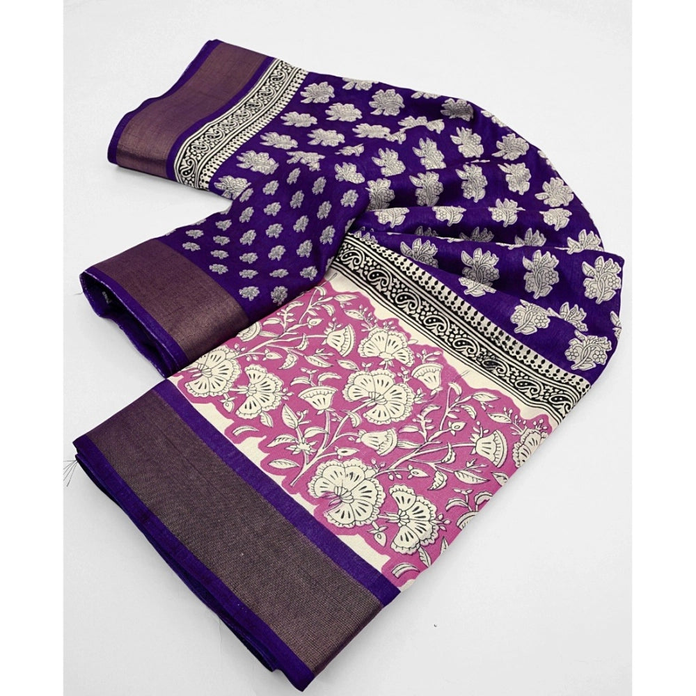 Generic Women's Cotton Blend Printed Saree With Unstitched Blouse 5.5Mtr (Purple)