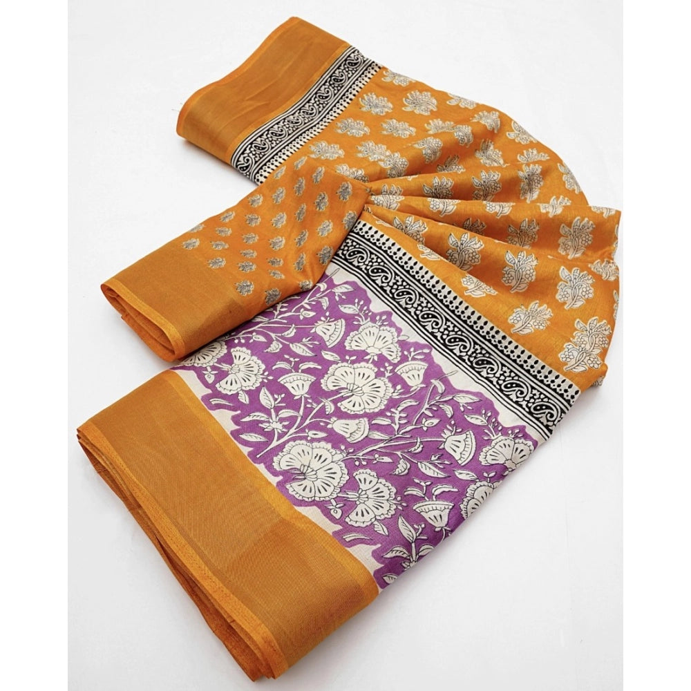Generic Women's Cotton Blend Printed Saree With Unstitched Blouse 5.5Mtr (Yellow)