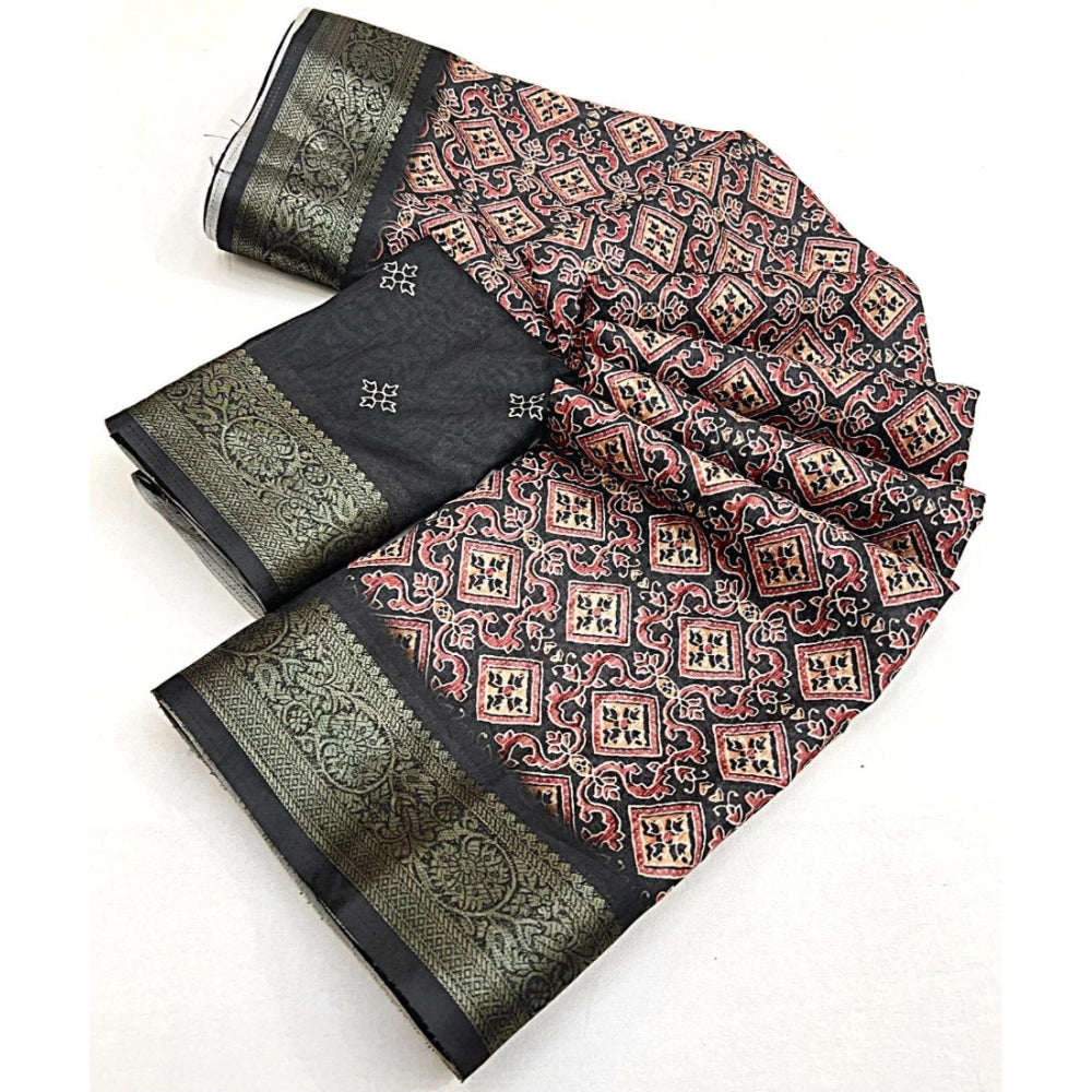 Generic Women's Cotton Blend Printed Saree With Unstitched Blouse 5.5Mtr (Black)
