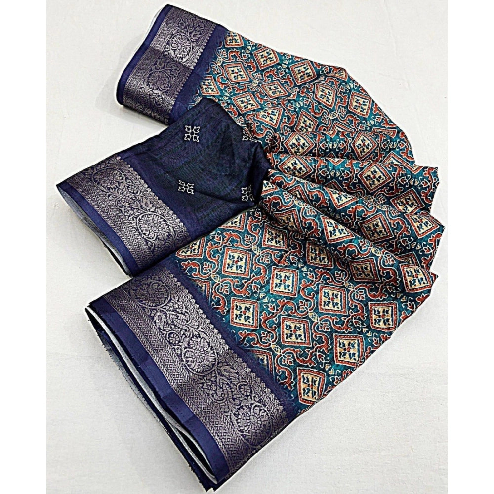 Generic Women's Cotton Blend Printed Saree With Unstitched Blouse 5.5Mtr (Blue)